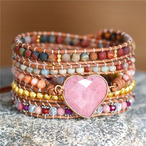 New Exquisite Multi Strands Rhodonite Heart Natural Stone Beads Wrap Bracelets Leather Crystal Woven Bracelet Teengirls Jewelry