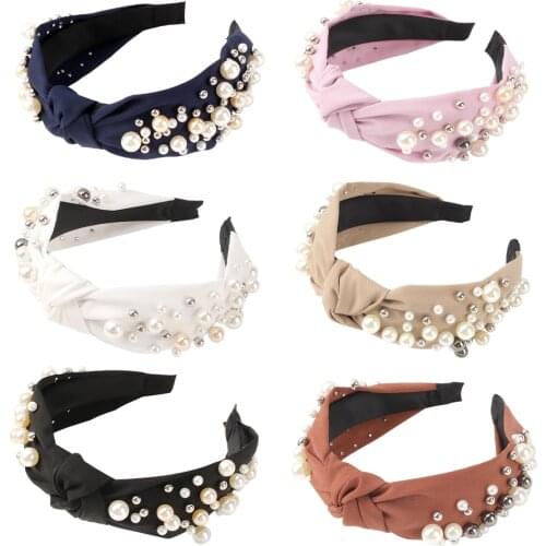 Baroque Pearl Cross Headbands For Women Knotted Hair Bands Girls Solid Color Cloth Bead Headband Hair Hoop Bezel Women Headdress