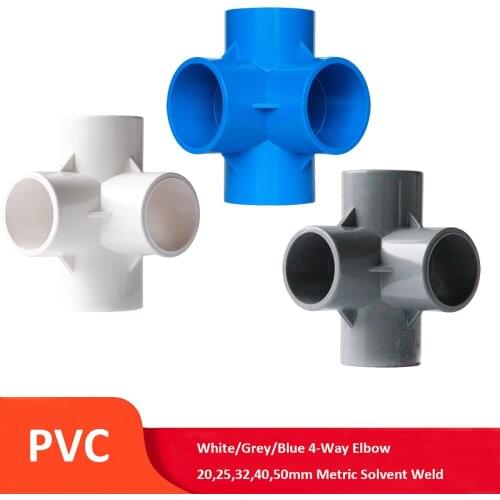 PVC 4-Way Elbow 20mm,25mm,32mm,40mm,50mm Metric Solvent Weld Pressure Pipe Fitting Pipe Connector Aquarium Pond Pool Garden DIY