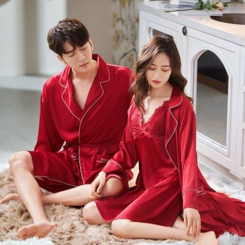 Spring and summer lovers ice silk pajamas female Korean version of lace sexy halter robe two sets of mens robe silkhome clothes