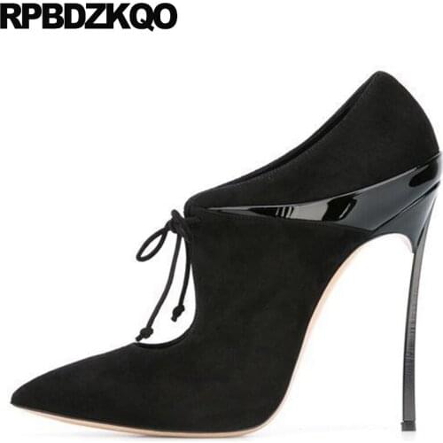 Women 2017 Size 4 34 Black European 12cm 5 Inch Pumps 10 42 Lace Up Suede Pointed Toe Scarpin Plus 11 43 Luxury Ladies High