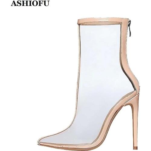 ASHIOFU Handmade Women New High Heel Boots PVC Leather Sexy Ankle Boots Patchwork Party Prom Fashion Short Boots Shoes