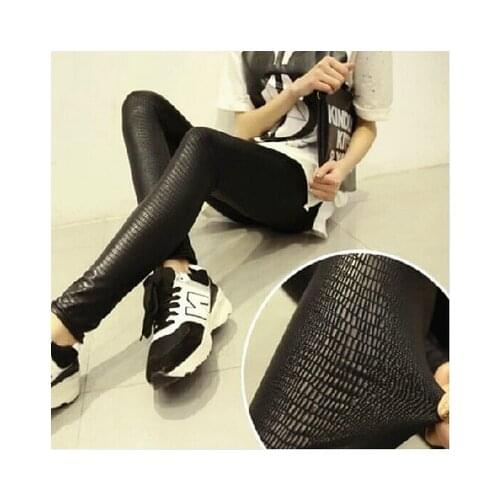 Snakeskin Leggings Women PU Leather Pants Pattern High Stretch Quality Skinny Black Matte Casual Punk Rock Leggings