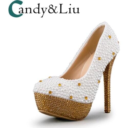 White and Gold Pearl Wedding Shoes Super High Heel Round Toe with Platform Women Pumps for Bridesmaid Party Banquet handmade