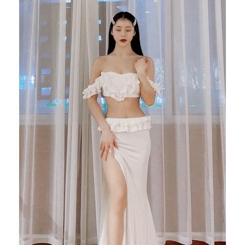 Women Belly Dance Costume 2 Piece Set Oriental Dance Practice Suit Sexy Tank Top Long Side Slit Skirt White Red 2021