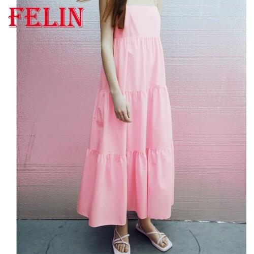FELIN Za Chic Pink Summer Women Dress Ruffles Cotton Cami Maxi Dress Strapless Sexy Fashion 2021 Dress Beach Vintage Vestidos