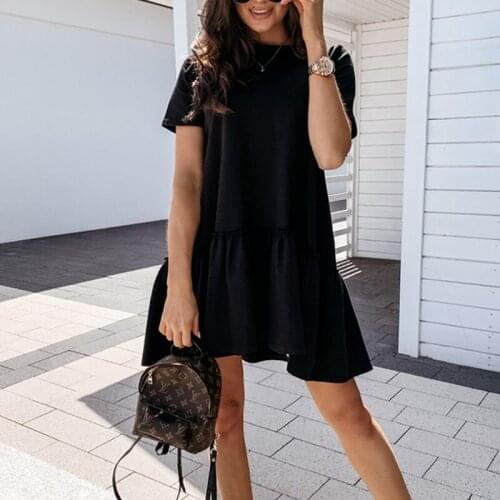 Women Summer Loose Ruffles T-Shirt Dress Casual Round Neck Mini Dress Female Irregular Short Sleeve Black Sundress Vestidos 2021