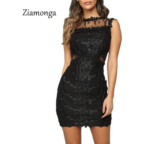 Ziamonga Sexy Party Dress Sleeveless Lace Dresses Women O-Neck Hollow Out Pencil Bodycon Dress Club Short Black White Dresses