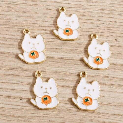 10pcs 14*19mm Alloy Cartoon Enamel Cat Eating Orange Charms for Jewelry Making Necklaces Earrings Pendants DIY Handmade Crafts