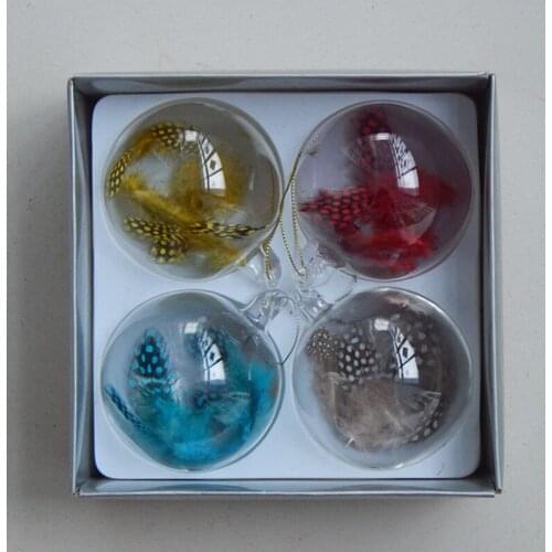 12pcs/pack Diameter=8cm Small Size Transparent Glass Ball Christmas Day Decoration Inner Color Feather Ornament Hanging Globe