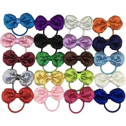 20pcs/lot 3.5inch Sequin Bows with Elastic Hairbands for Girls,Bows Hair Tie for Girls Hair Accessories