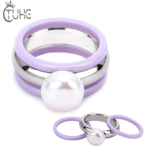 3pcs/Set Big Pearl Women Female Rings 2MM Smooth Width Purple Color Ceramic Rings For Women Anniversary Jewelry Can Be Separated