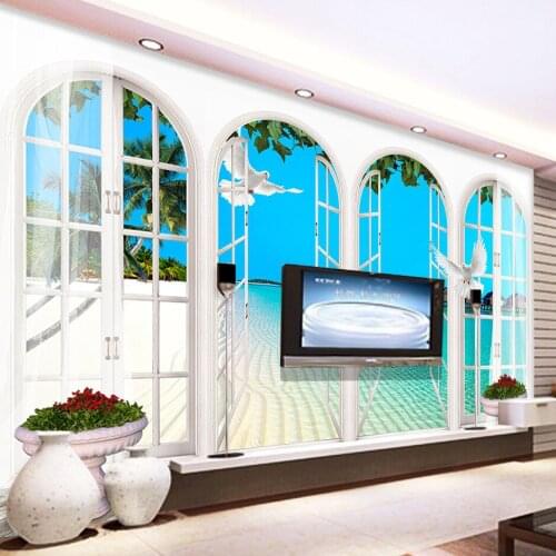 Custom 3D Photo Wallpaper European Style Window Sea View Living Room Bedroom TV Background Non-woven Wallpaper Mural De Pared 3D