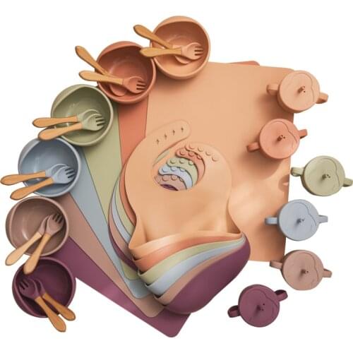 6 pcs/set Baby Food Grade Silicone Dinnerware Set Antislip Feeding Tableware Bowl Bib Placemat Fork Spoon Feeding Cup Set