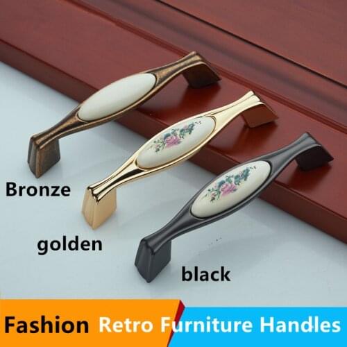 96mm 128mm fashion Printing ceramic dresser door handles bronze golden black kitchen cabinet drawer pull knob retro furniture 5"