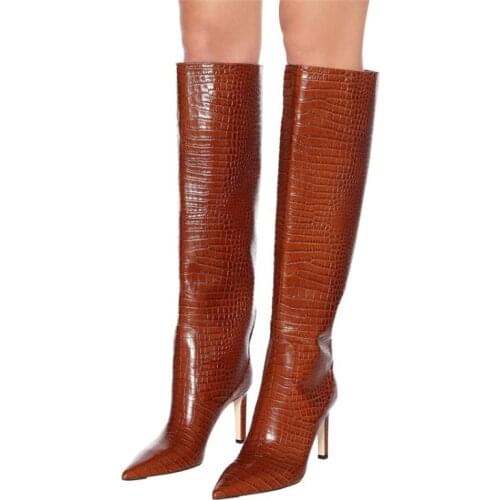 Men Women Crocodile Pattern Sexy Knee-High Boots Pointed Toe Stiletto Heels Boots Brown Green White Black Boots 43 44 45 12 13