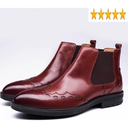 Boots Brand Pointed Toe Chelsea Men Fashion Genuine Leather Casual Slip On Ankle Shoes Winter Business Office Formal Booties
