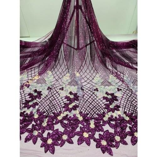 Purple Sequins embroisery African Mesh Lace Fabrics French Nigerian Tulle Lace Fabrics with Sequins Flower Pattern for Wedding