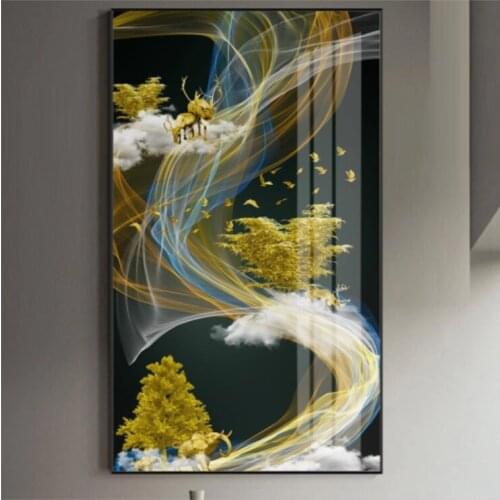 Canvas Abstract Golden Line Deer and Tree In Cloud Painting Tableaux Large Poster Print Gold Wall Art Picture F Living Room