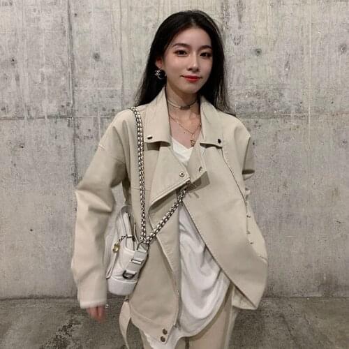 Beige Black Long sleeve Korean Loose Faux Leather Jacket Female Spring Lapel PU Leather Moto Biker jacket Casual Women Clothing