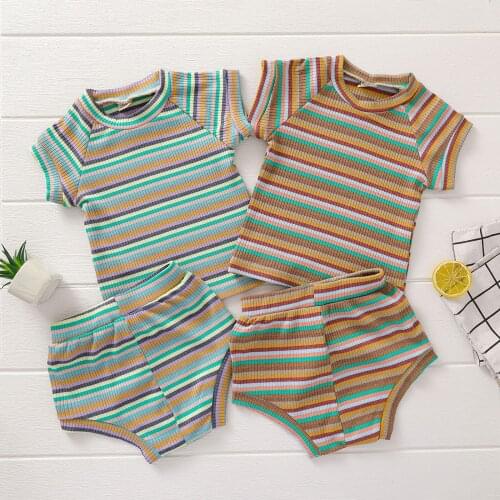 Lioraitiin 0-3Years 2 Pcs Newborn Striped Outfits Baby Boy Girl Casual Short Sleeve Round Neck Pullover + Shorts 2Colors
