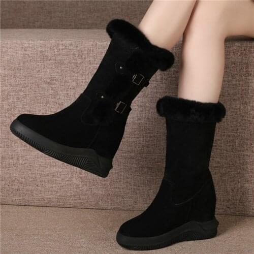 Fashion Sneakers Women Cow Suede Leather Wedges High Heel Winter Pumps Shoes Female High Top Round Toe Rabbit Fur Oxfords Shoes