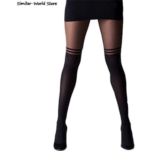 Fashion Women Black Sheer Stocking Mock Suspender Tights Cat Pantyhose Stockings Cool Over The Knee Double Stripe Sheer Tights