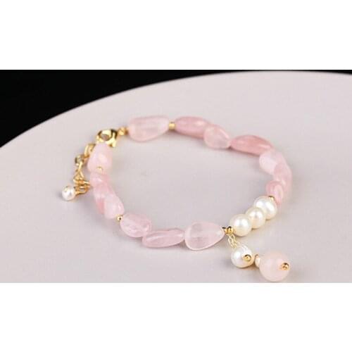 Fashion Pink Stone Beads Bracelet Freshwater Pearl Pendant Bracelets For Women Girls Birthday Party Jewelry Gifts Elegant Bangle