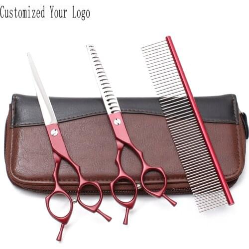 7" 440C Customized Logo Red Dog Grooming Scissors Kit Thinning Shears Straight Scissors Professional Pet Scissors Add Bag C9029