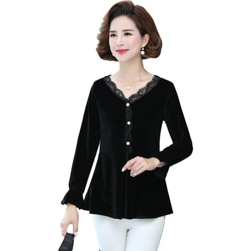 New Arrivals 2021 Spring Fall Women T-Shirts Bottom Shirt Gold Velvet Long Sleeve Pullover 5XL Plus Size Mother Lace Tee Tops