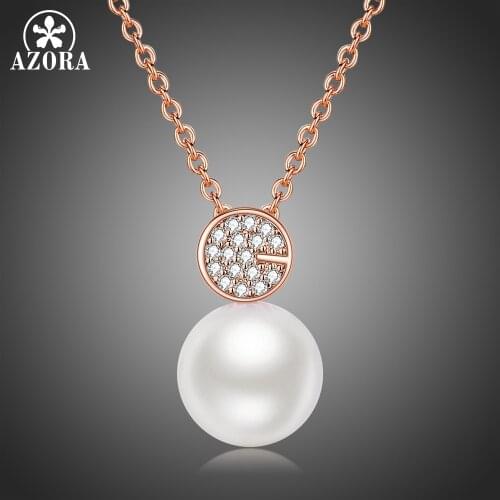 AZORA Elegant Simulated Pearl Simple Geometric Round Dazzling CZ Pendant Necklaces for Women Rose Gold Color Jewelry TN0246