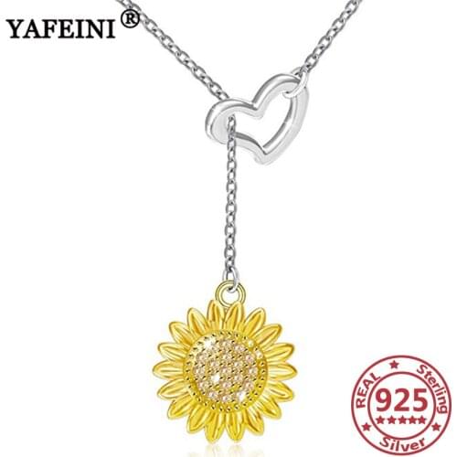 YAFEINI 925 Sterling Silver Heart Sunflower Lariat Necklaces Crystal Zircon Pendant Necklaces Mothers Day Gift Graduation Gifts