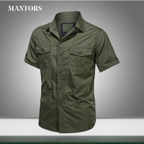 Men Casual Shirt Short Sleeve Button Blouse Summer New Mens Military Shirts Multi-pocket Male Bomber Tshirt Slim Solid Clothing