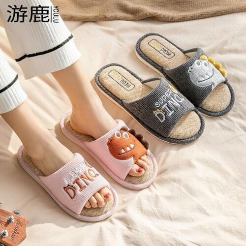 New 2021 Couples Dinosaur Cartoon Shoes Women Soft Linen Slippers Anti-slip Unisex Flexible Indoor Cotton Sandals Zapatos