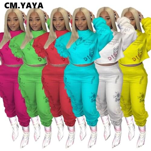 CM.YAYA Activewear Graffiti Letter Womens Set Sweatshirt Jogger Pants Matching Set Tracksuit Fitness Two 2 Piece Set Outfit