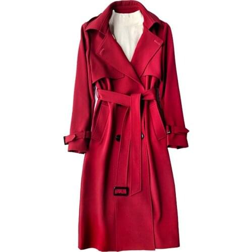 Womens Long Trench Coats 2021 New Autumn Lapel Double Breasted Slim Windbreaker Korean Elegant Belted Solid Coat Ladies Outwear