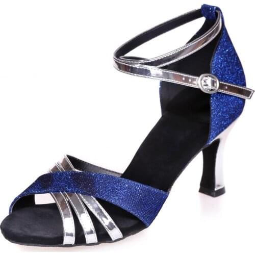 Lady latin dance shoes glitter with glossy PU girls ballroom professional Salsa tango party dancing sandals 7.5cm heels bling