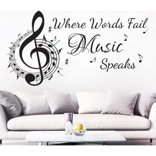 Music Notes Wall Decal Where Words Fail Music Speaks Vinyl Wall Sticker Music Quote Treble Clef Recording Studio Decor C392