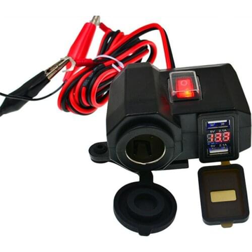 DC6-24V Motorcycle Handlebar Charger Dual USB Port Digital Display Voltmeter Cigarette Lighter Socket Adapter Waterproof 5V 2.1A