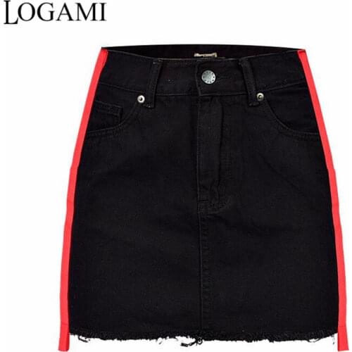 LOGAMI High Waist Denim Skirt High Waist A-Line Mini Skirts Womens Patchwork Spring Summer Sexy Skirt Black & Red