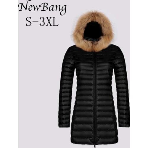 NewBang Brand Raccoon Fur Jacket Women Wrap Hoodie Ultra Light Duck Down Jacket Long Female Overcoat Parkas With Carry Bag