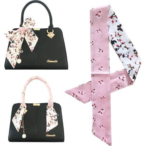 2019 New Butterfly Small Floral Print Silk Scarf Black White Pink Bag Scarves Women Head Skinny Scarf Handle Bag Ribbon Wrap