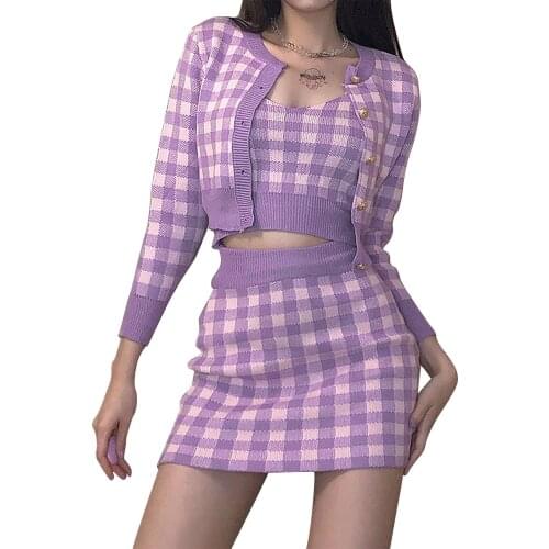 Sweet Plaid Knitted 3 Piece Set Women Sexy Crop Top + Cardigans +Bodycon Mini Skirt Set Girls Short Vest & Skirt Suits Outfits