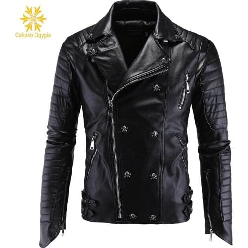 Winter Fashion Mens Leather Jackets and Coats Full Pelt Skullls Botton Punk Style Zippers Pu Leather Jacket Men Motorcycle Coat