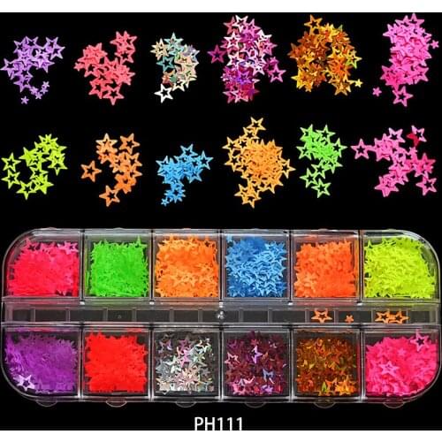 12colors/5types HOLLOW STAR Glitter SET Circle Ring Transparent Flake Fruit Clay MULTICOLOR STONES Nail ART Decoration PH111-115