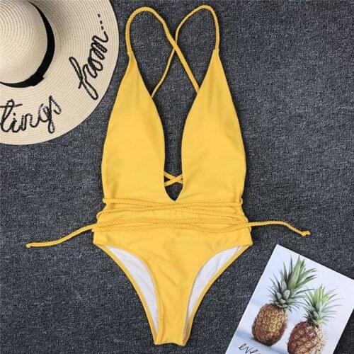 2019 bikinis summer women femme sportwear one piece biquinis Hot sexy solid color bandage backless Swim Wear Deep V Padded Beach
