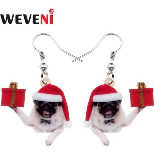 WEVENI Acrylic Christmas Anime Bulldog Dog Gift Box Earrings Drop Dangle Girl Kid Women Charms Party Festival Animal Decorations