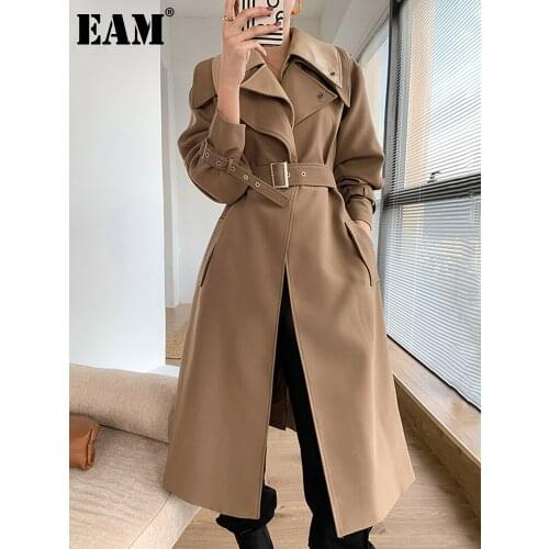 [EAM] Women Coffee Color Long Bandage Trench New Lapel Long Sleeve Loose Fit Windbreaker Fashion Tide Spring Autumn 2021 1DE2061