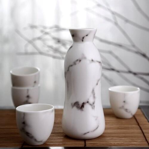 Japanese style ceramic white yellow wine set marble grain sake pot cup household wineware gift box
