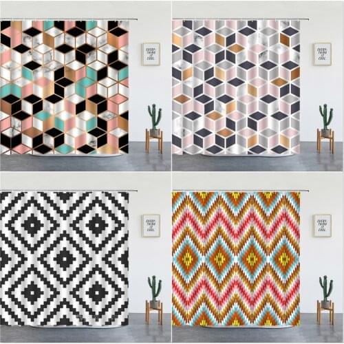 Geometry Pattern Shower Curtains Set Marble Black And White Stripes Printed Wall Hanging Bathroom Decor Bathtub Screen With Hook